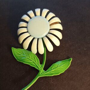 Vintage 1960s Flower Brooch Blue flower and green leaves metal large realistic